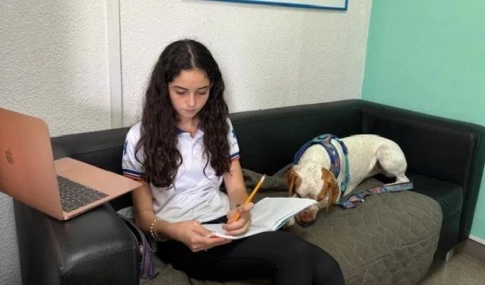Student works next to the school dog