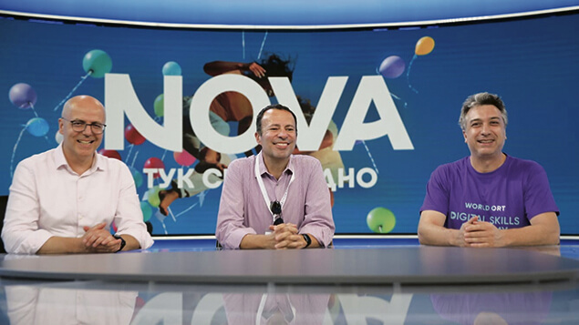 ORT Bulgaria chair Victor Toledo, Dov Ben-Shimon, and ORT Bulgaria director Dr. Plamen Petrov at the Nova television studio